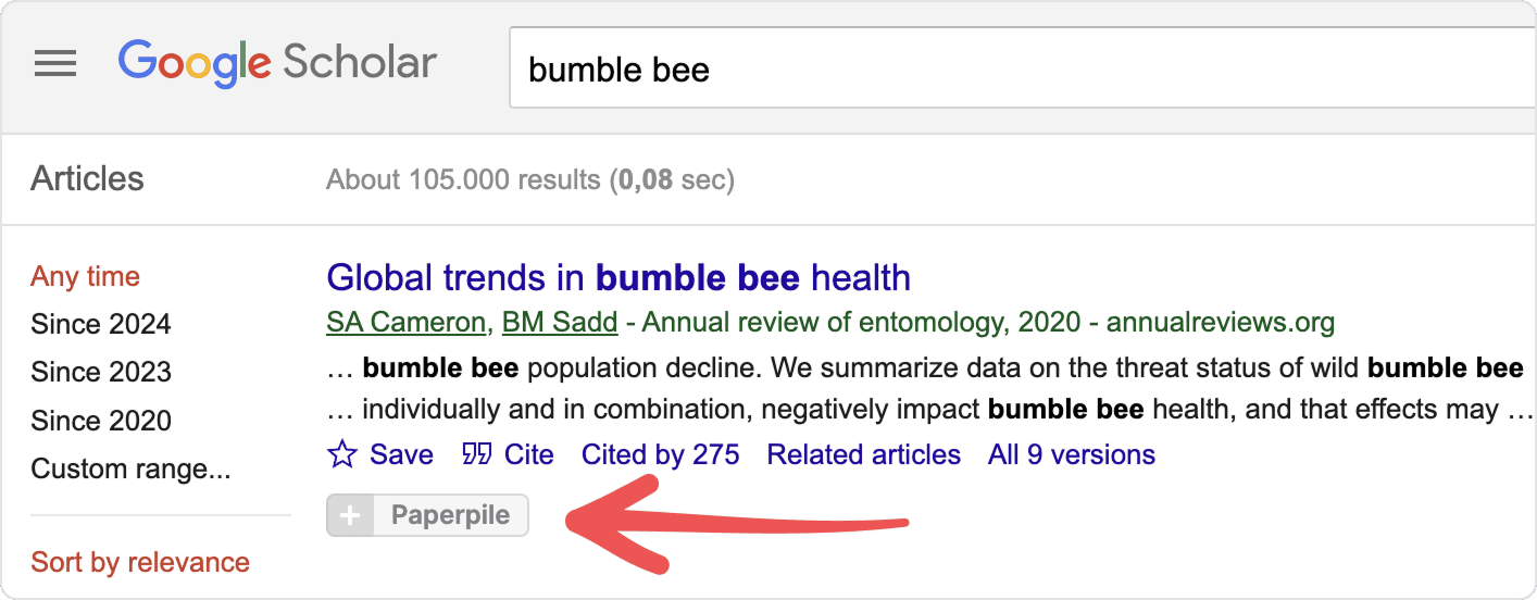 A Google Scholar result for “bumble bee” with a red arrow pointing to the grey Paperpile button beneath it, beside the Save, Cite, “Cited by” and “Related articles” links.